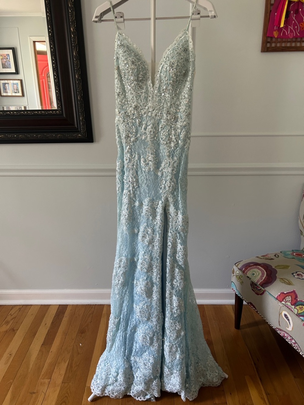 JVN Light Blue Beaded Lace Prom Dress